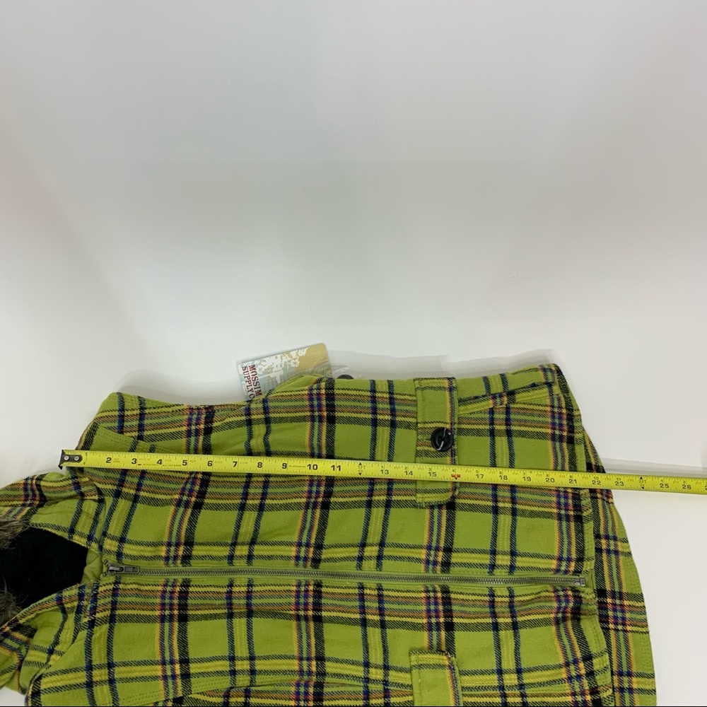 Mossimo Supply Co Retro Lime Green Blue Multi Plaid Full Zip Vest Faux Fur Hood - Picture 14 of 15